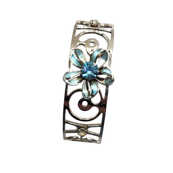 Open Work Silver Tone White Enamel Aqua Crystal Rhinestone Cuff Bracelet - Picture 3 of 6
